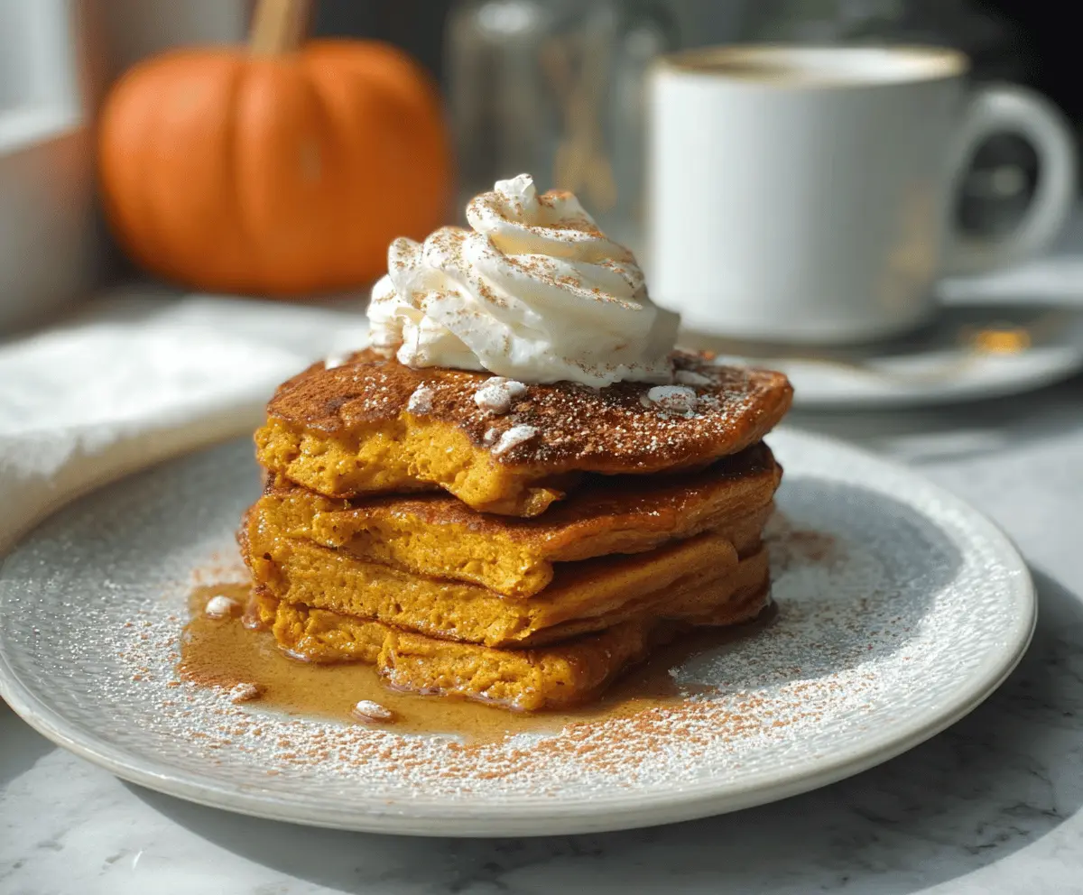 Fluffy pumpkin pie spice pancakes topped with whipped cream and a sprinkle of cinnamon on a breakfast plate.