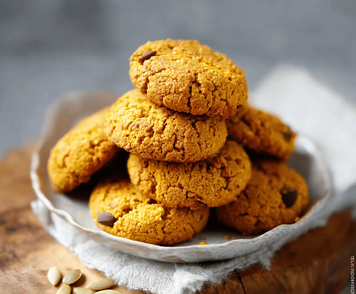 Delicious homemade pumpkin protein cookies on a white plate with cinnamon and pumpkin seeds, perfect for healthy snacking