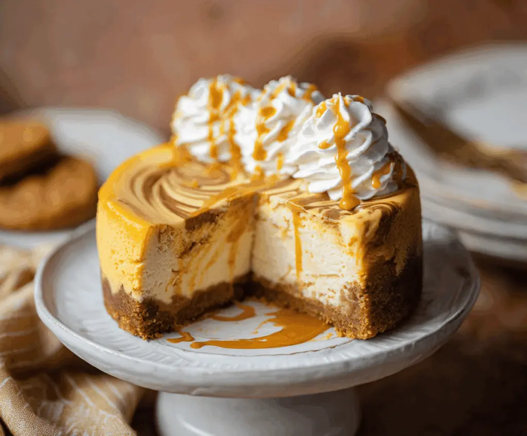 Delicious Pumpkin Swirl Cheesecake topped with whipped cream and cinnamon, perfect for fall desserts.