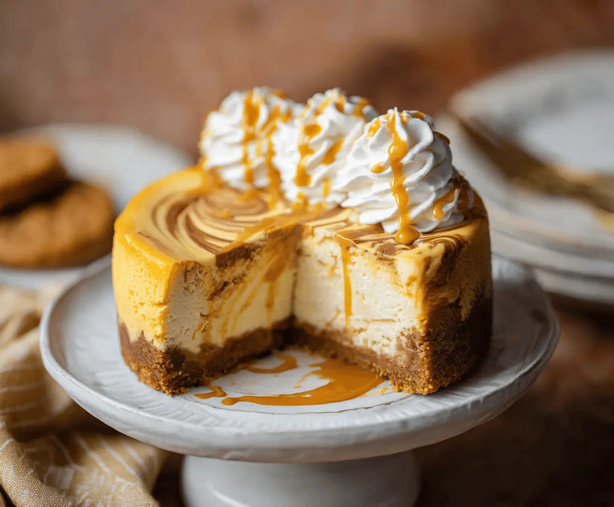 Delicious Pumpkin Swirl Cheesecake topped with whipped cream and cinnamon, perfect for fall desserts.