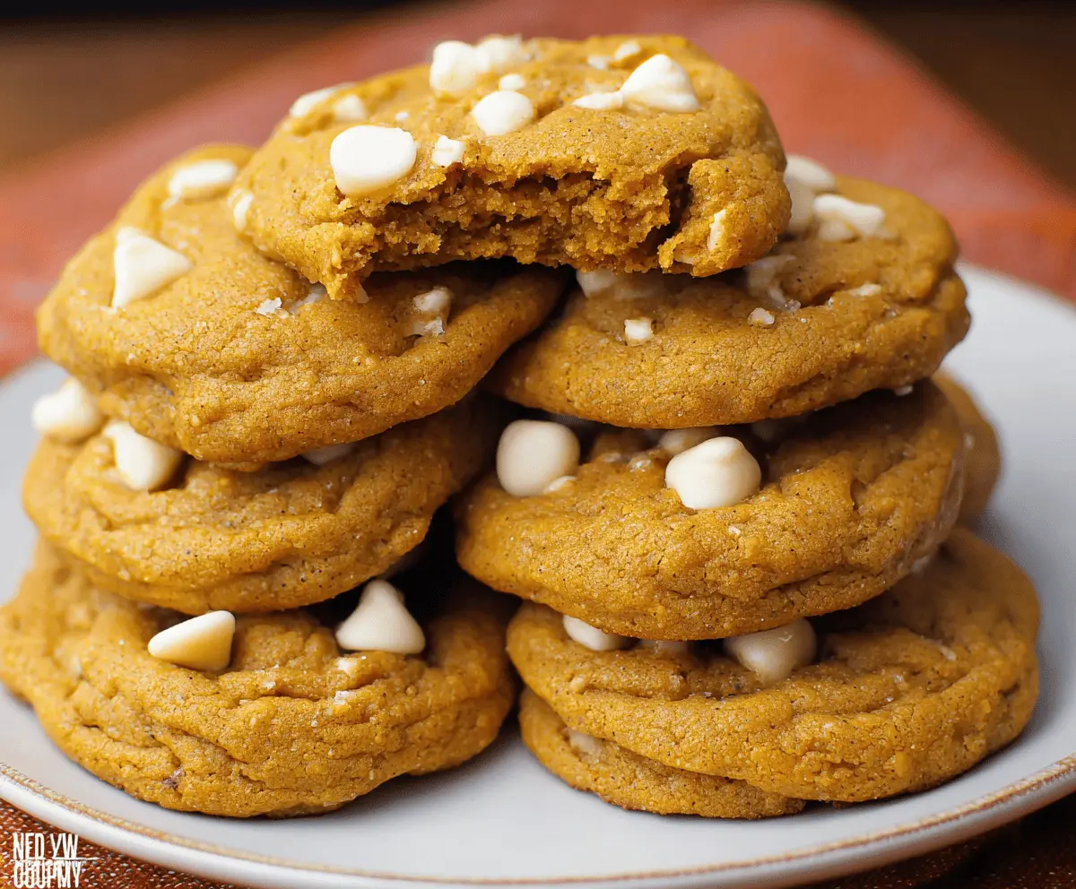 Freshly baked pumpkin white chocolate chip cookies on a plate, featuring a golden-brown crust, white chocolate chips, and a pumpkin flavor, perfect for fall desserts.