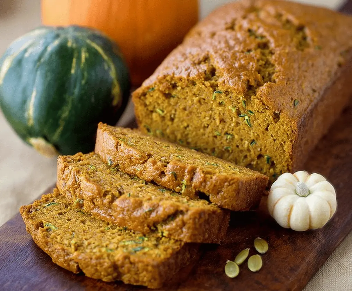Freshly baked pumpkin zucchini bread sliced and displayed on a plate, showcasing moist, golden-brown texture with hints of orange and green from pumpkin and zucchini, perfect for fall baking.