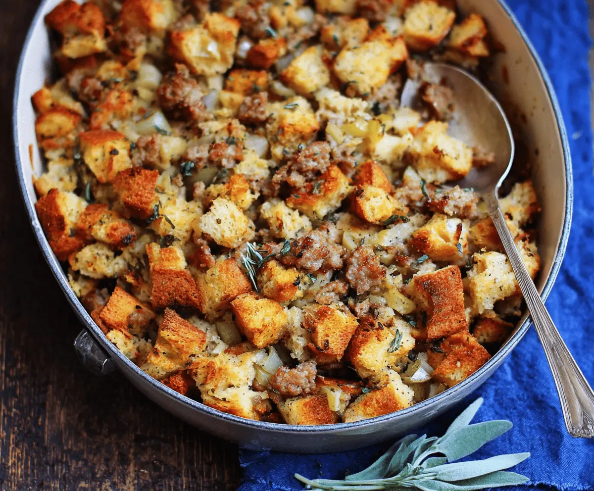 Delicious sausage, apple, and sage stuffing in a baking dish, perfect for holiday dinners and family gatherings.