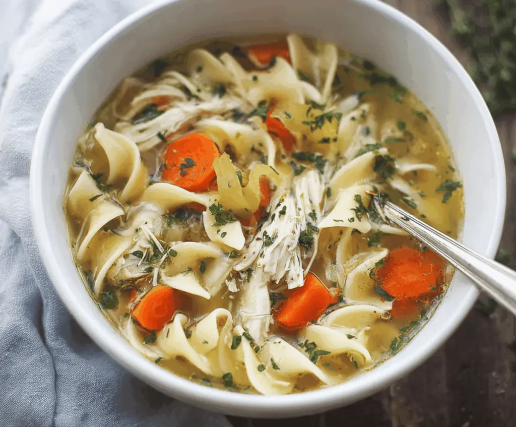 A steaming bowl of homemade Slow Cooker Chicken Noodle Soup with tender chicken, vegetables, and noodles garnished with fresh herbs.