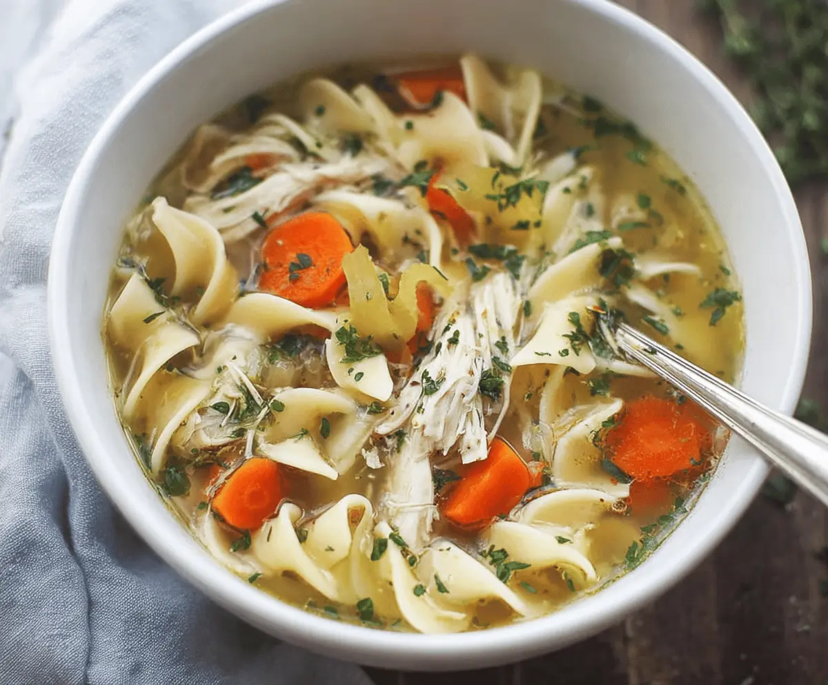 A steaming bowl of homemade Slow Cooker Chicken Noodle Soup with tender chicken, vegetables, and noodles garnished with fresh herbs.