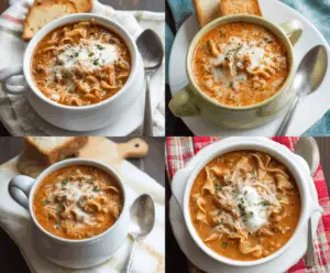 Creamy slow cooker lasagna soup topped with melted cheese, fresh basil, and crispy garlic bread garnished with herbs