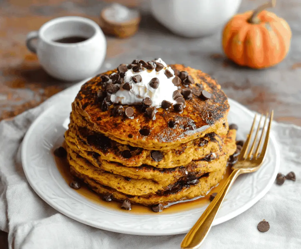 Delicious spiced pumpkin chocolate chip pancakes topped with whipped cream and cinnamon, perfect for fall breakfast indulgence