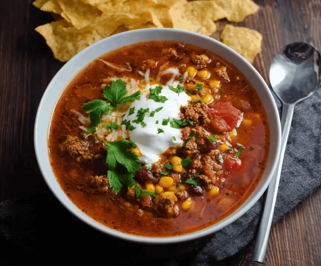 A steaming bowl of spicy taco soup topped with shredded cheese, sour cream, fresh cilantro, and sliced jalapeños, served with tortilla chips on the side.