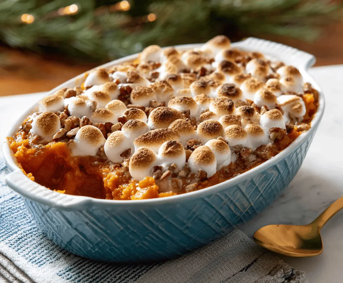 Creamy sweet potato casserole topped with marshmallows and pecans, served as a delicious Thanksgiving side dish