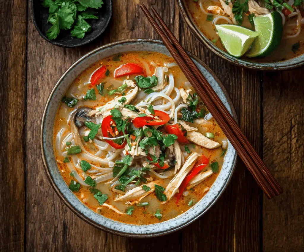 A steaming bowl of Thai Chicken Noodle Soup garnished with fresh herbs, lime, and colorful vegetables, showcasing a flavorful and comforting Asian-inspired meal.