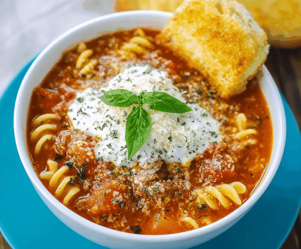 Creamy Three-Cheese Lasagna Soup topped with melted cheese, fresh basil, and a sprinkle of herbs in a bowl