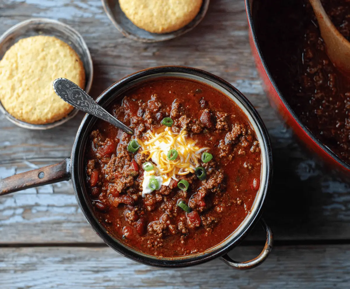 Delicious 30-minute chili in a bowl with ground beef, beans, tomatoes, and spices ready to serve