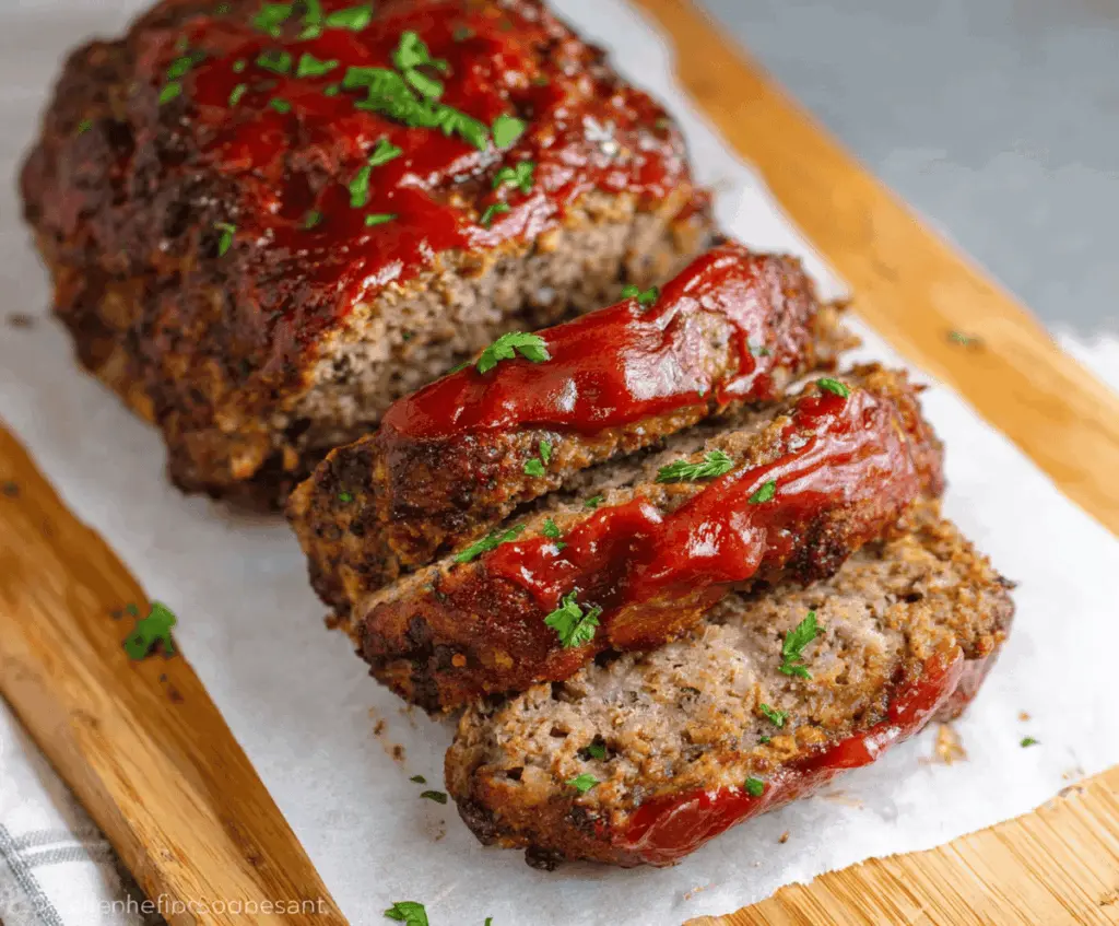 Delicious homemade air fryer meatloaf served on a plate with fresh herbs and vegetables, perfect for a quick and tasty dinner.