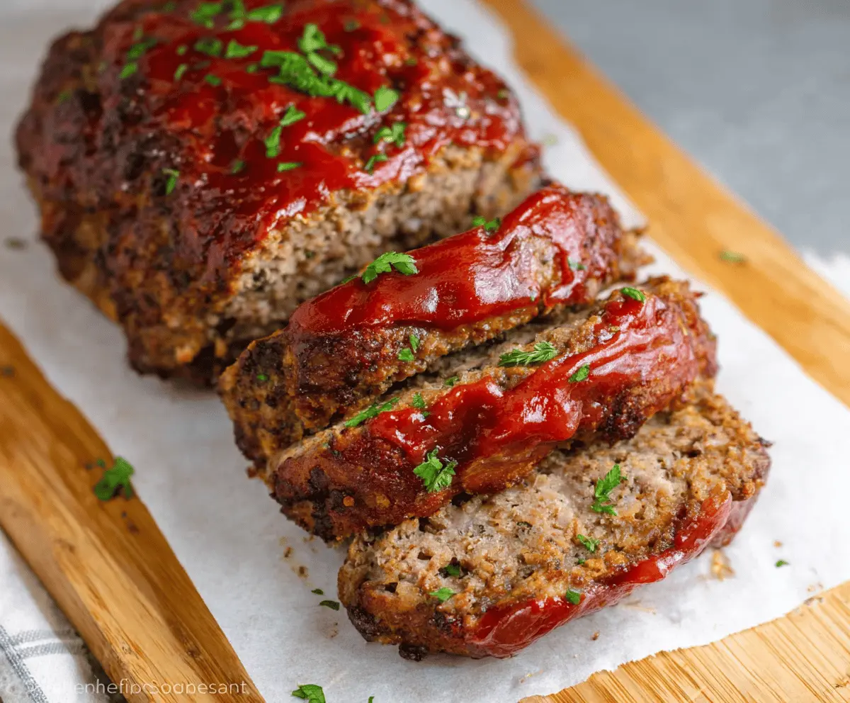 Delicious homemade air fryer meatloaf served on a plate with fresh herbs and vegetables, perfect for a quick and tasty dinner.