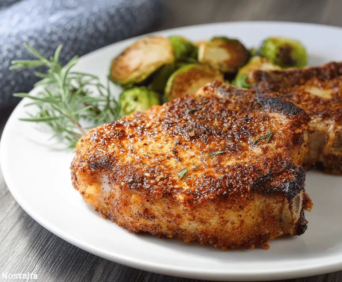 Juicy and crispy air fryer pork chops served on a plate with fresh herbs, perfect for a quick and delicious meal.