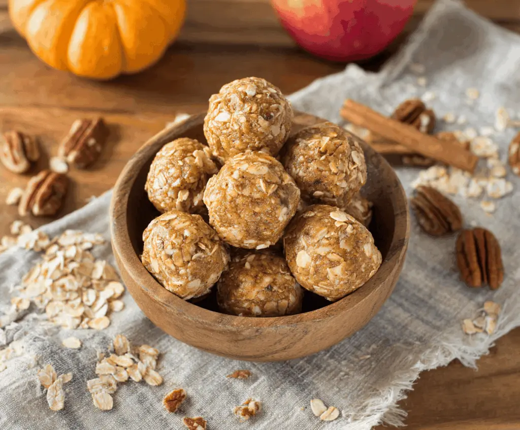 Healthy Apple Cinnamon Pumpkin Protein Balls on a white plate, featuring a golden-brown exterior with hints of cinnamon and pumpkin puree, perfect for a nutritious snack.