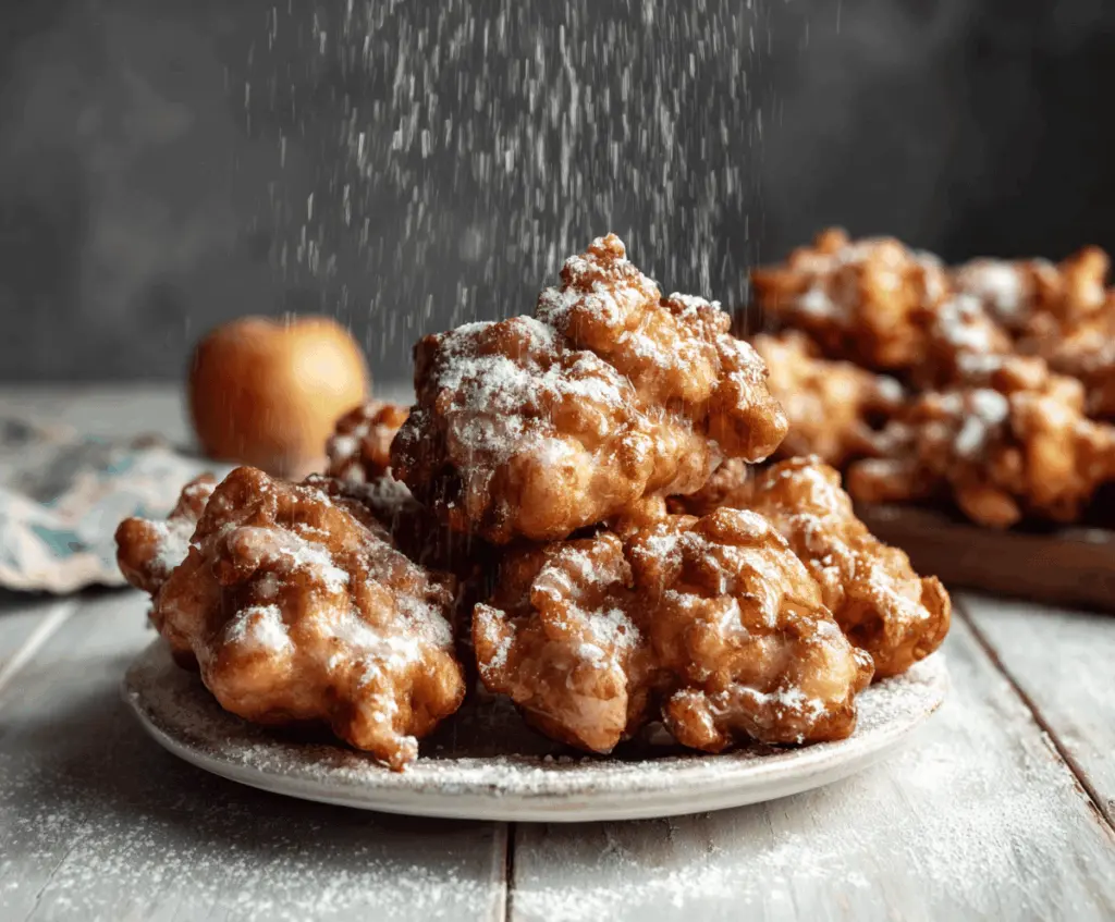 Golden crispy apple fritters with powdered sugar sprinkled on top, served on a white plate, perfect for a delicious breakfast or snack.