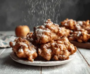Golden crispy apple fritters with powdered sugar sprinkled on top, served on a white plate, perfect for a delicious breakfast or snack.