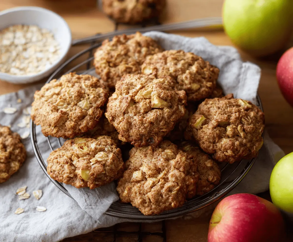 Homemade apple oatmeal cookies with a golden-brown crust and chunks of fresh apples.
