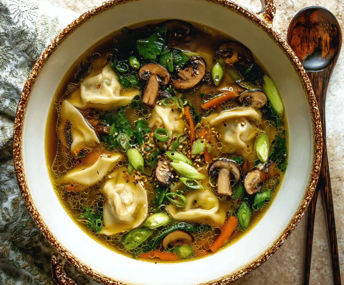 A bowl of Asian Dumpling Potsticker Soup featuring steaming potstickers, fresh green vegetables, and savory broth, perfect for a comforting meal.