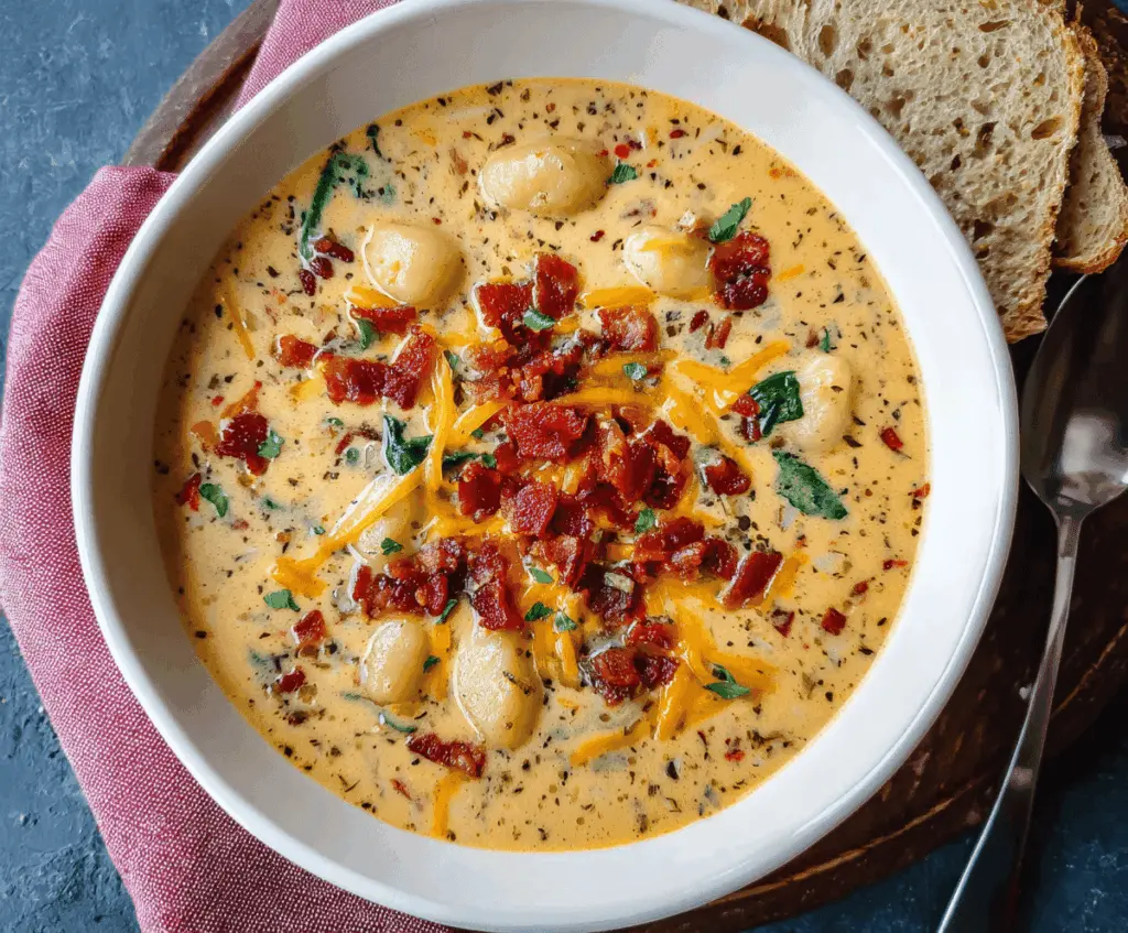 Creamy Bacon Cheddar Gnocchi Soup with melted cheese, crispy bacon bits, and tender gnocchi in a savory broth