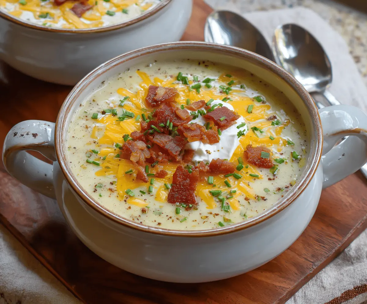 Creamy baked potato soup in a bowl topped with shredded cheese and chopped chives, served with a crusty bread side.