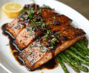 Delicious balsamic glazed salmon fillet garnished with fresh herbs on a plate, ready to serve