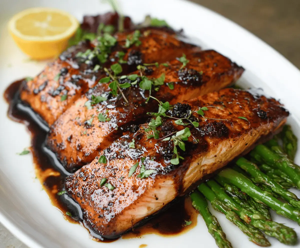 Delicious balsamic glazed salmon fillet garnished with fresh herbs on a plate, ready to serve