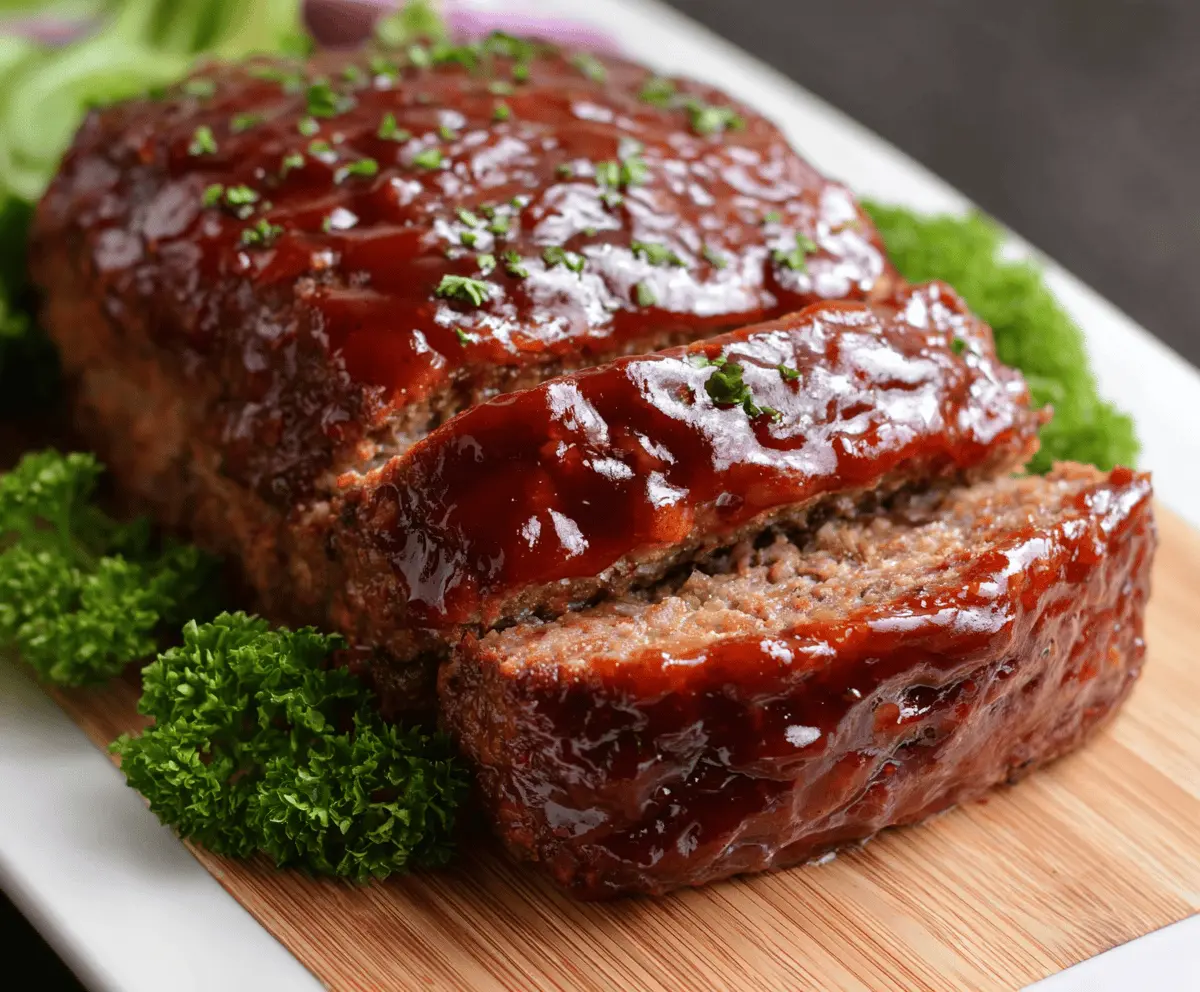 Delicious BBQ glazed meatloaf topped with smoky barbecue sauce, served with fresh herbs and vegetables on a plate