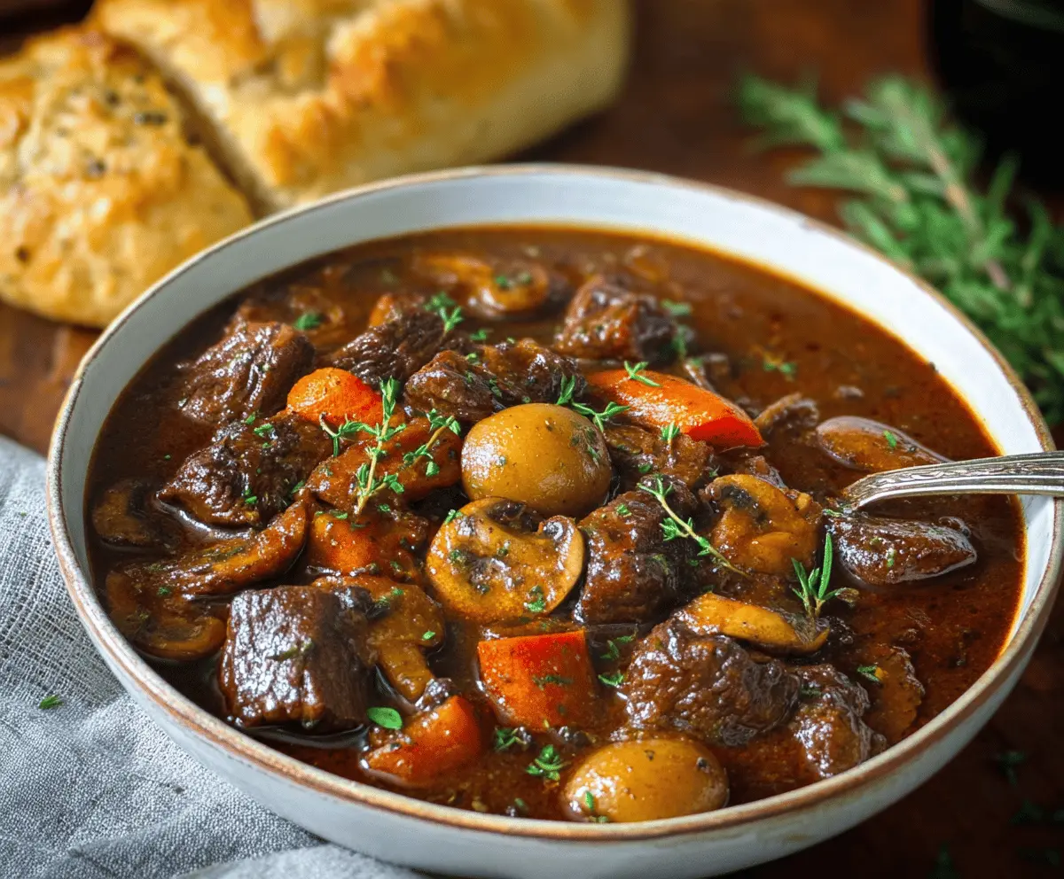 Hearty beef stew with mushrooms and vegetables served in a rustic bowl, perfect for a comforting meal