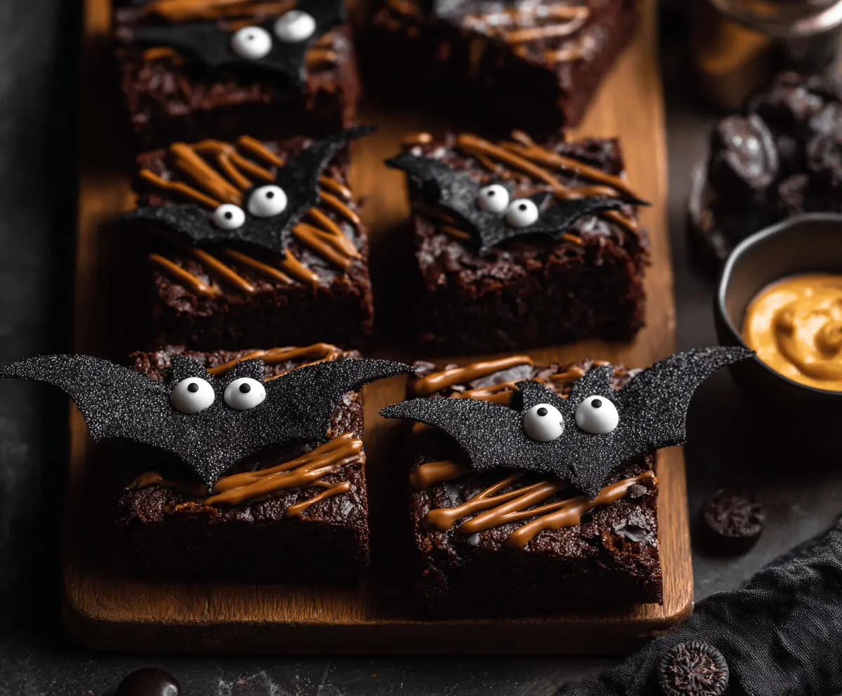 Delicious black bat-shaped brownies with chocolate glaze and edible decorations for Halloween treat