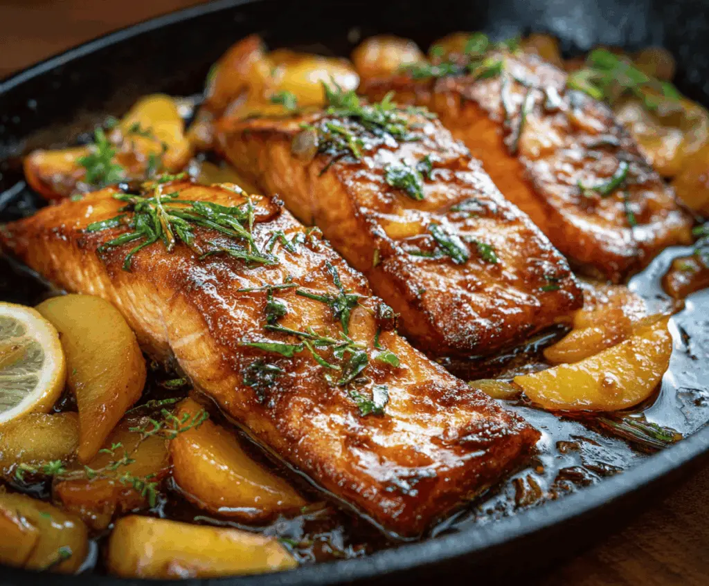 Delicious Bourbon Peach Roasted Salmon garnished with fresh herbs, served on a white plate with roasted vegetables for a flavorful summer dinner.