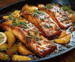 Delicious Bourbon Peach Roasted Salmon garnished with fresh herbs, served on a white plate with roasted vegetables for a flavorful summer dinner.