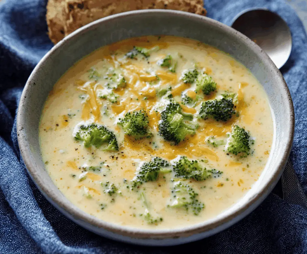Creamy broccoli cheese soup in a bowl topped with shredded cheese and fresh broccoli florets, perfect for a comforting meal.