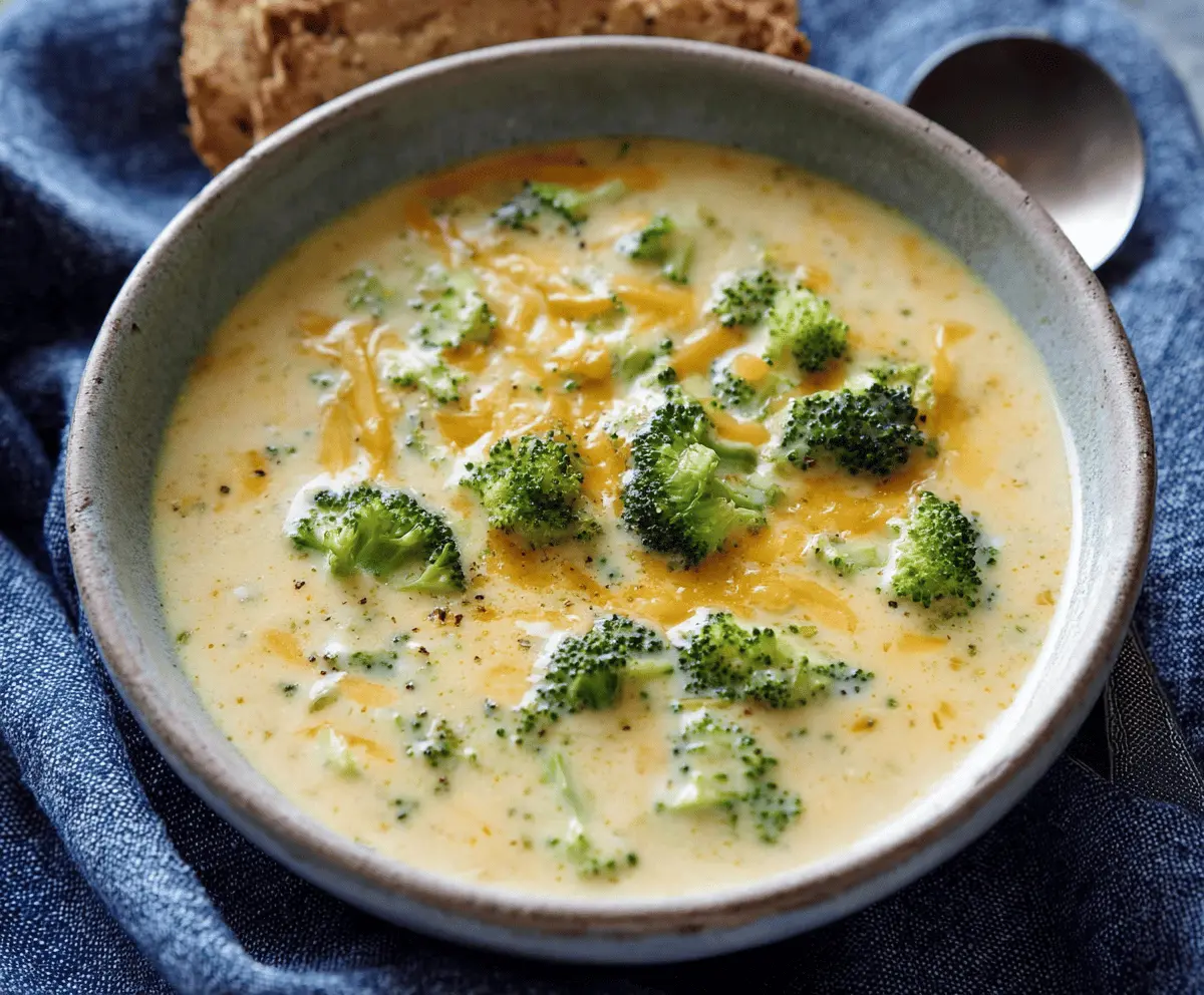 Creamy broccoli cheese soup in a bowl topped with shredded cheese and fresh broccoli florets, perfect for a comforting meal.