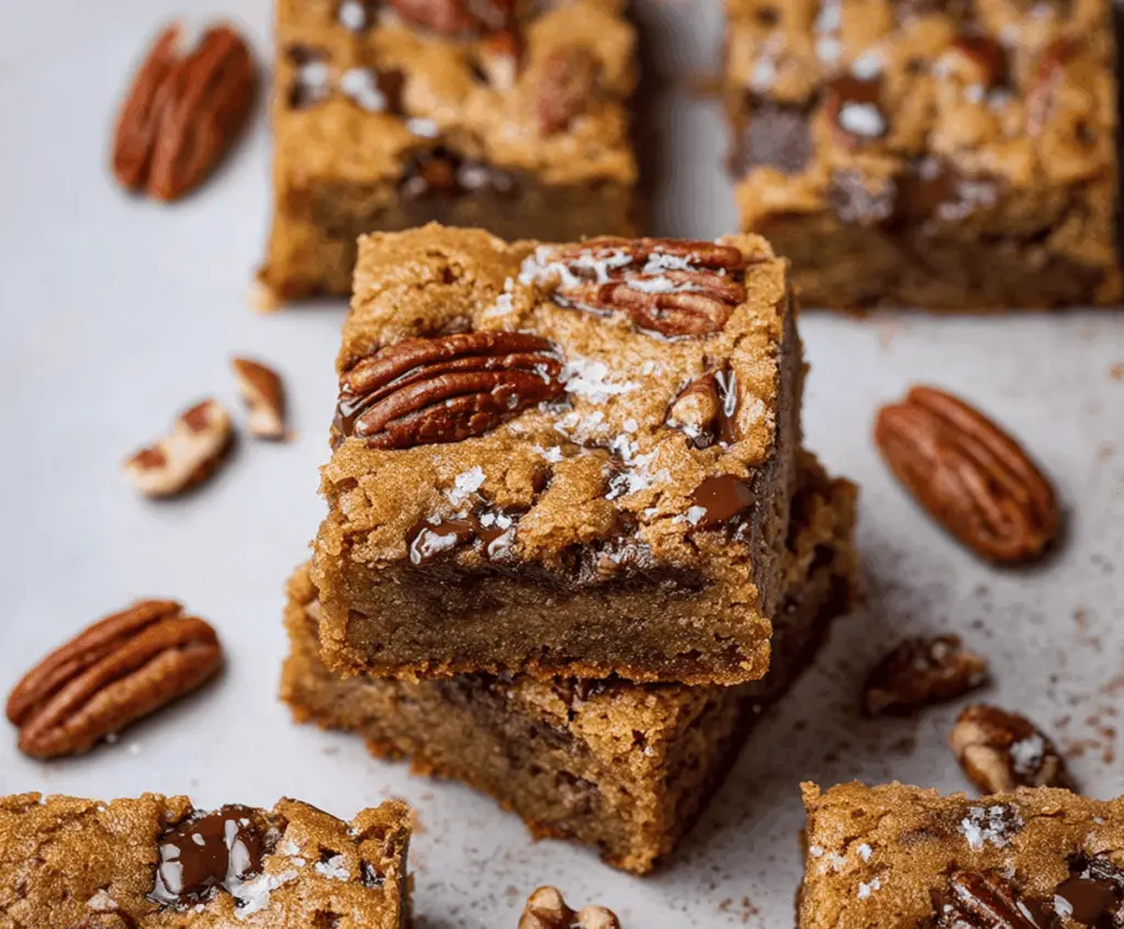 Delicious homemade brown butter pecan blondies with golden crust and chopped pecans, perfect for dessert or snack