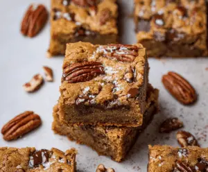 Delicious homemade brown butter pecan blondies with golden crust and chopped pecans, perfect for dessert or snack