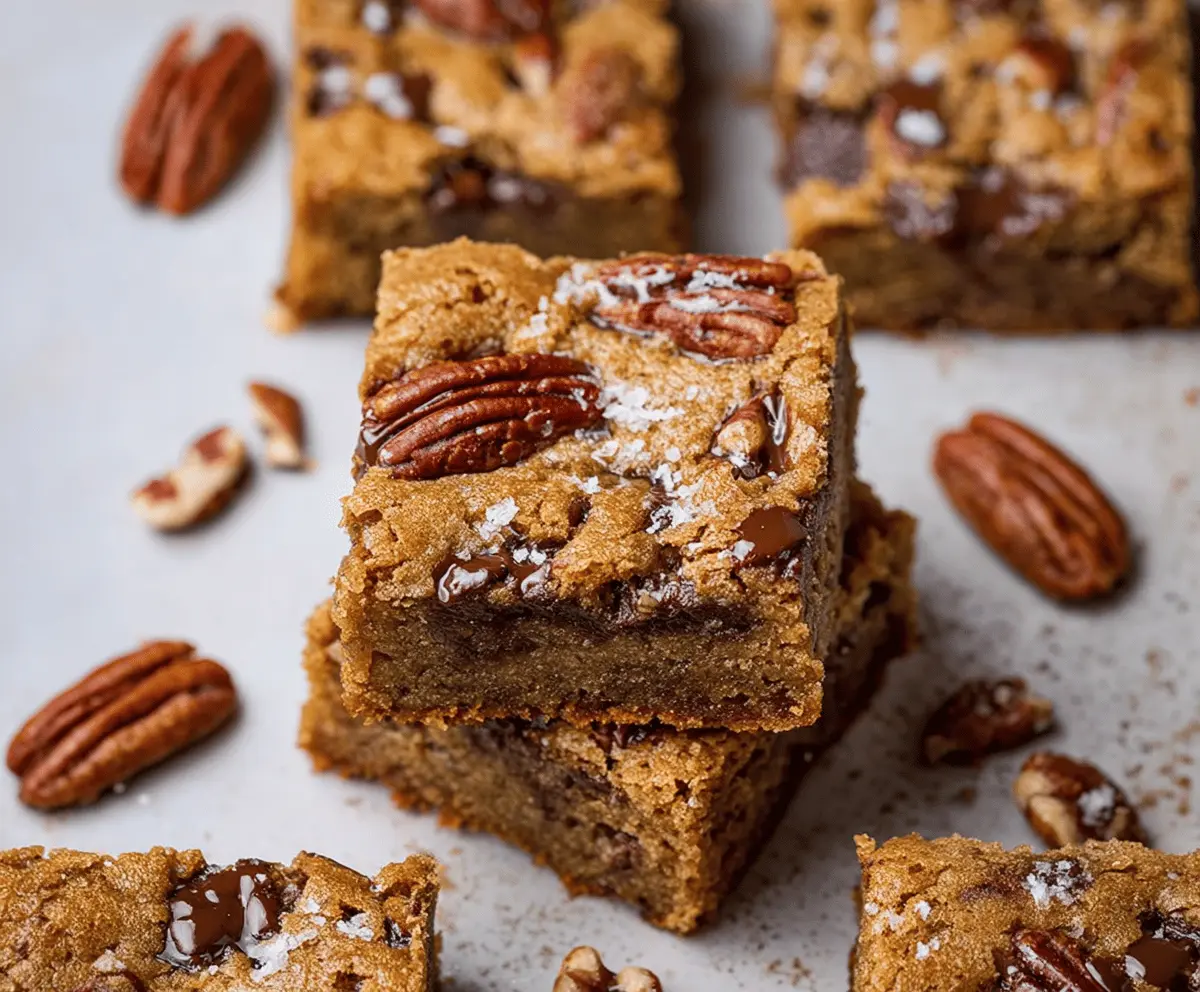 Delicious homemade brown butter pecan blondies with golden crust and chopped pecans, perfect for dessert or snack