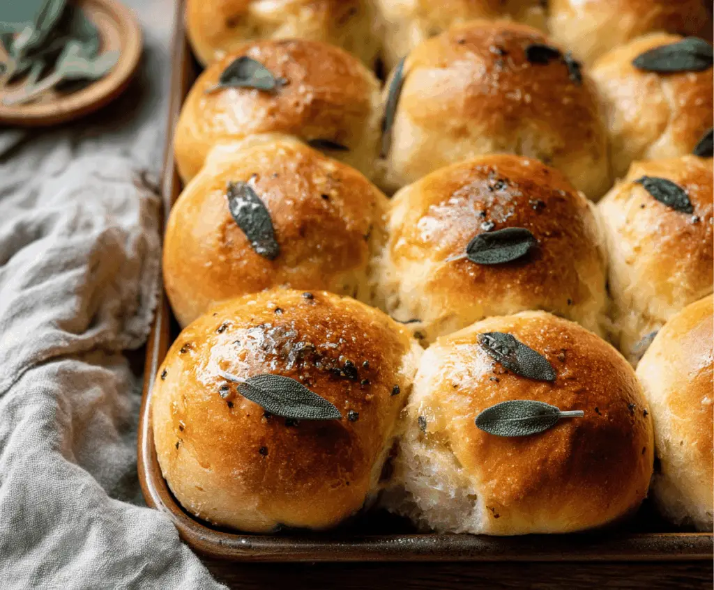 Golden brown dinner rolls topped with melted butter and fresh sage leaves, perfect for a cozy meal or holiday gathering.
