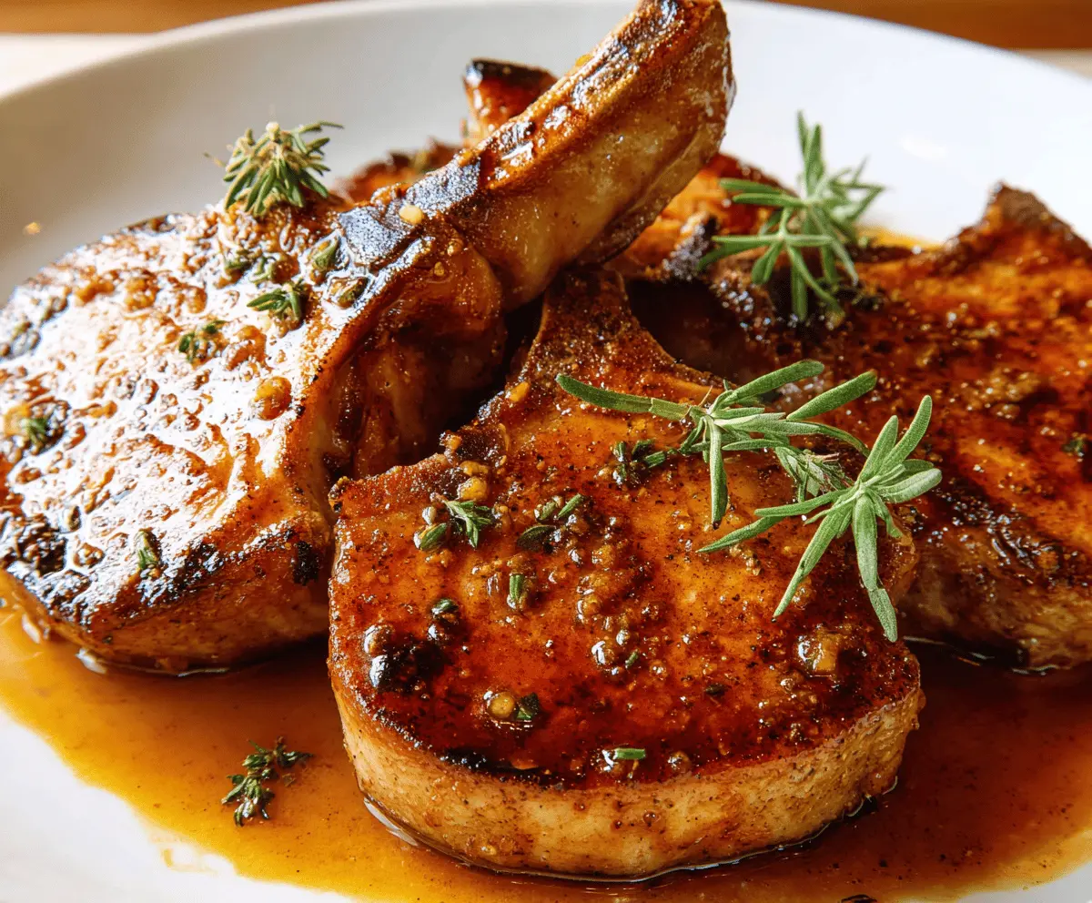 Juicy brown sugar glazed pork chops served with roasted vegetables on a plate, perfect for a flavorful dinner