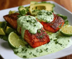 Delicious Cajun salmon fillet topped with fresh avocado lime sauce, served with colorful vegetables on a plate.