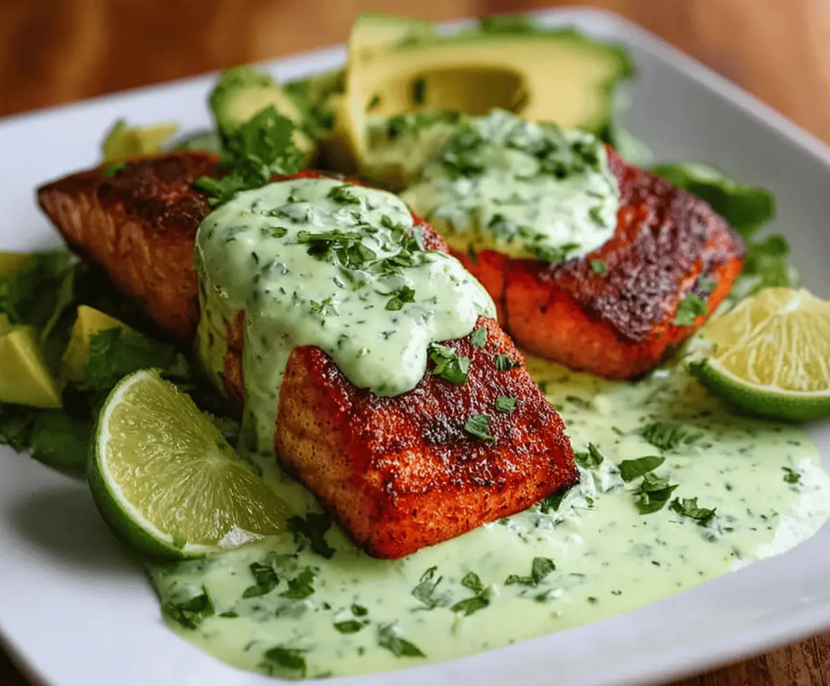 Delicious Cajun salmon fillet topped with fresh avocado lime sauce, served with colorful vegetables on a plate.