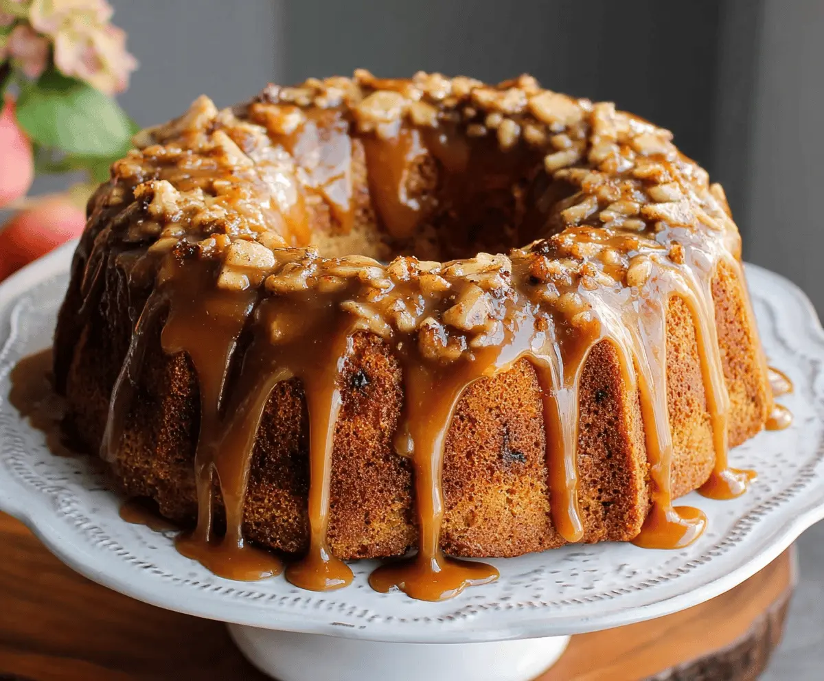 Delicious Caramel Apple Bundt Cake topped with caramel drizzle and apple slices, ready to enjoy as a sweet fall dessert.