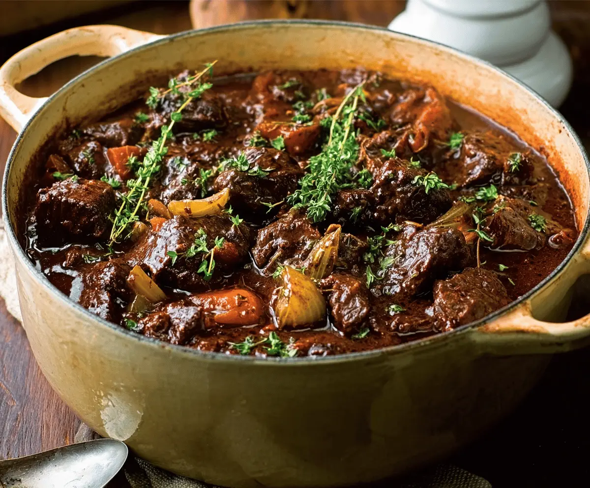 Traditional Belgian Carbonnade Flamande served in a rustic bowl with tender beef, caramelized onions, and rich, flavorful gravy.