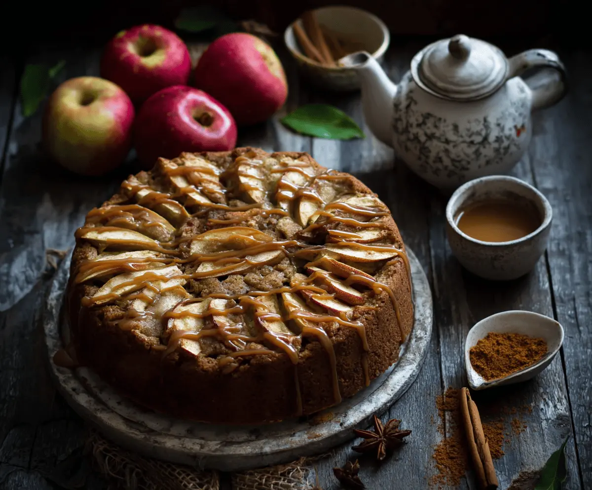 Delicious chai spice apple cake with a warm, inviting aroma and a golden-brown crust.