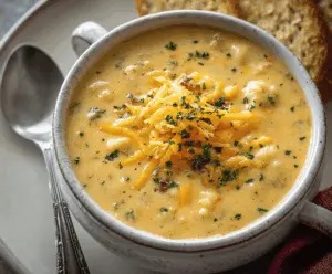 Creamy Cheddar Cauliflower Soup garnished with fresh herbs in a rustic bowl, perfect for a cozy meal