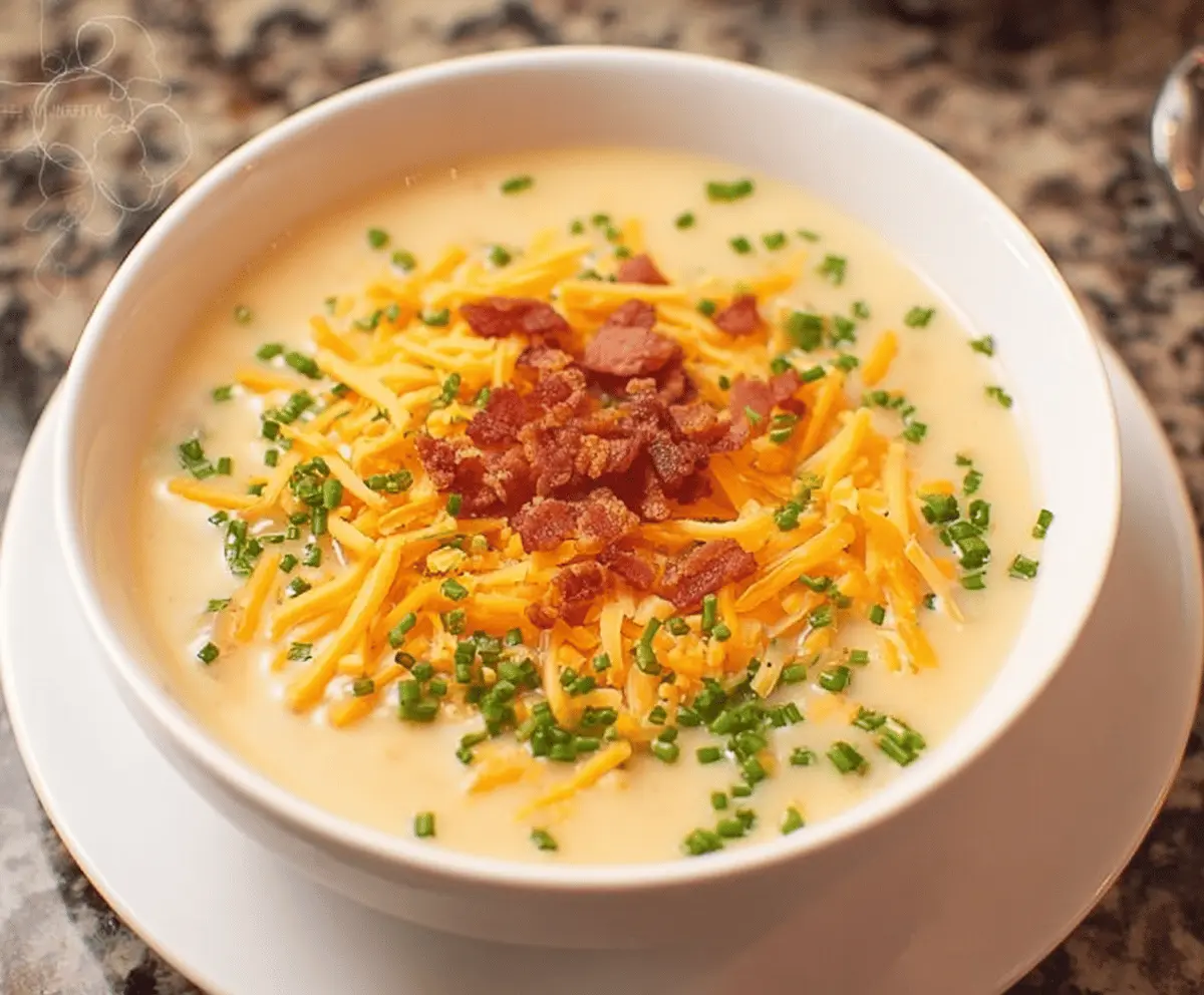 Creamy Cheddar Potato Soup served in a bowl with melted cheese and fresh herbs, perfect for a cozy meal