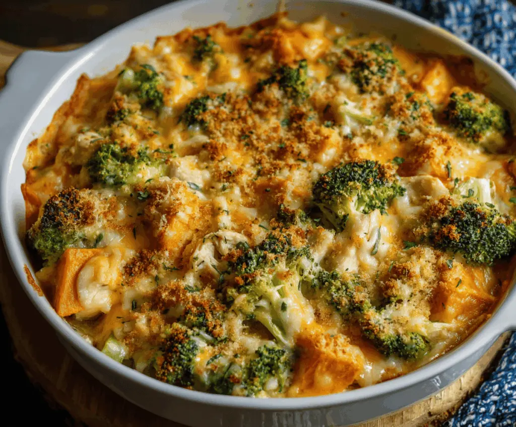Delicious cheesy chicken sweet potato broccoli casserole topped with melted cheese and fresh herbs, perfect for a nutritious family meal