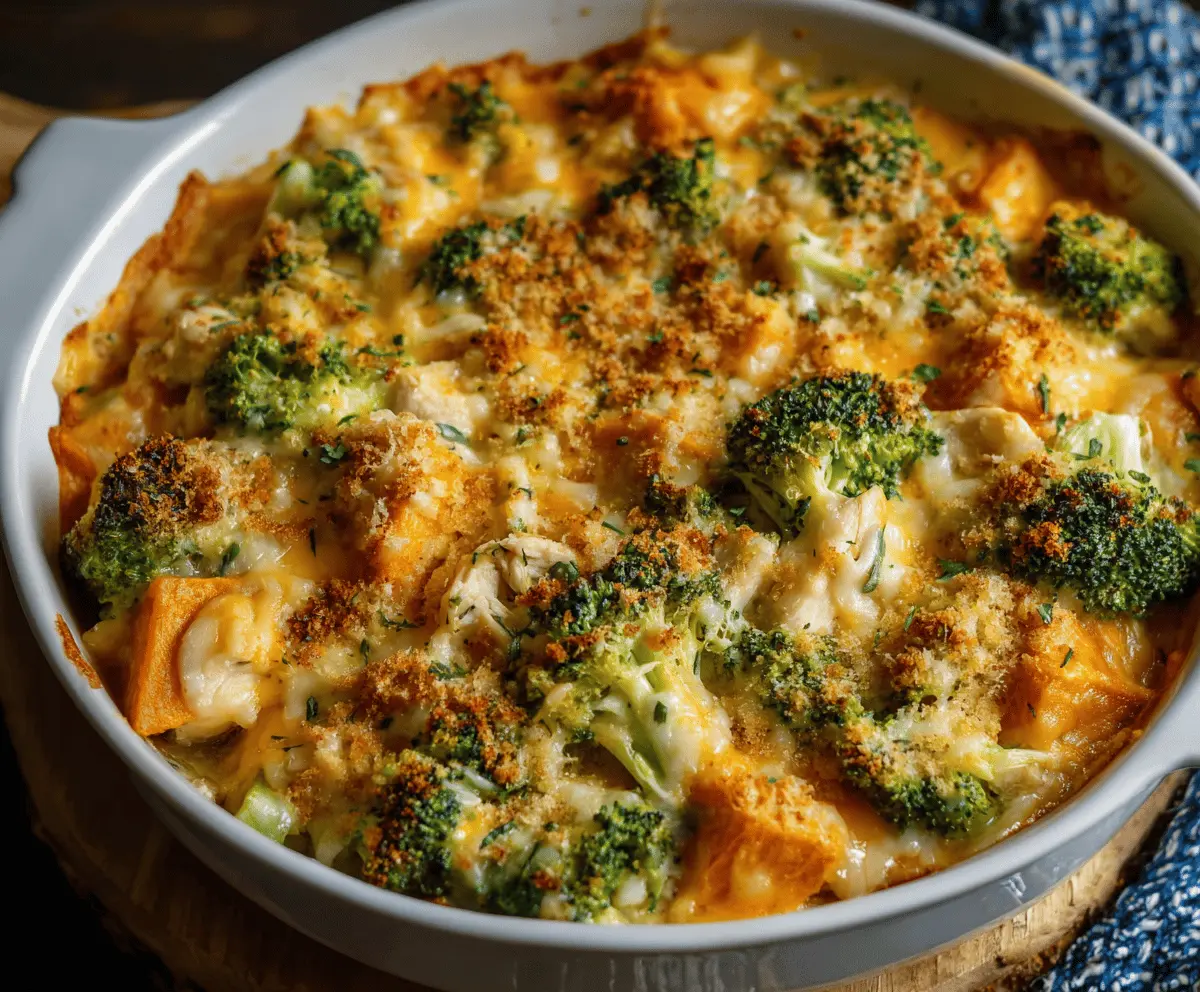 Delicious cheesy chicken sweet potato broccoli casserole topped with melted cheese and fresh herbs, perfect for a nutritious family meal