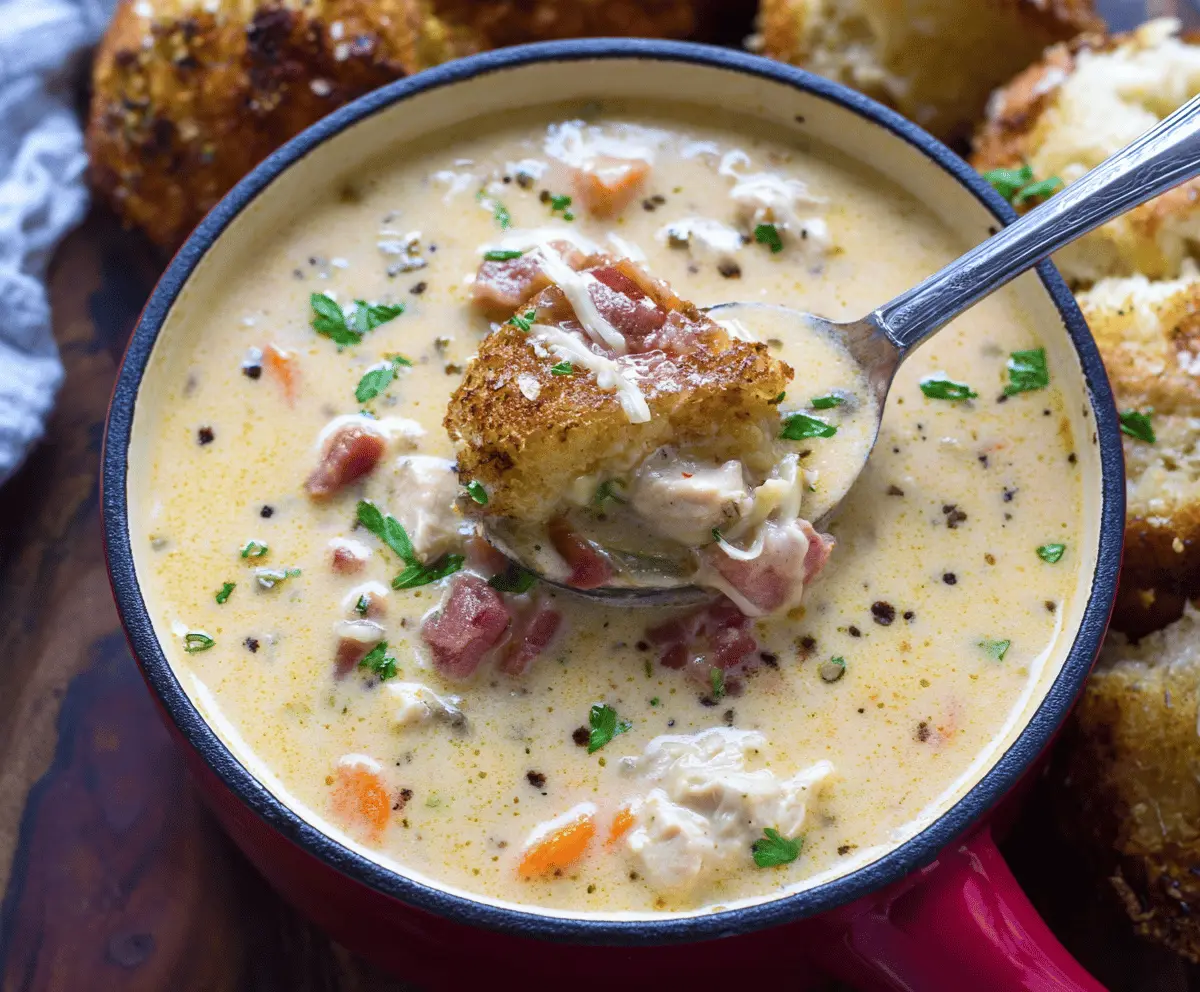 Creamy Chicken Cordon Bleu Soup with tender chicken, ham, Swiss cheese, and crispy breadcrumbs in a flavorful broth